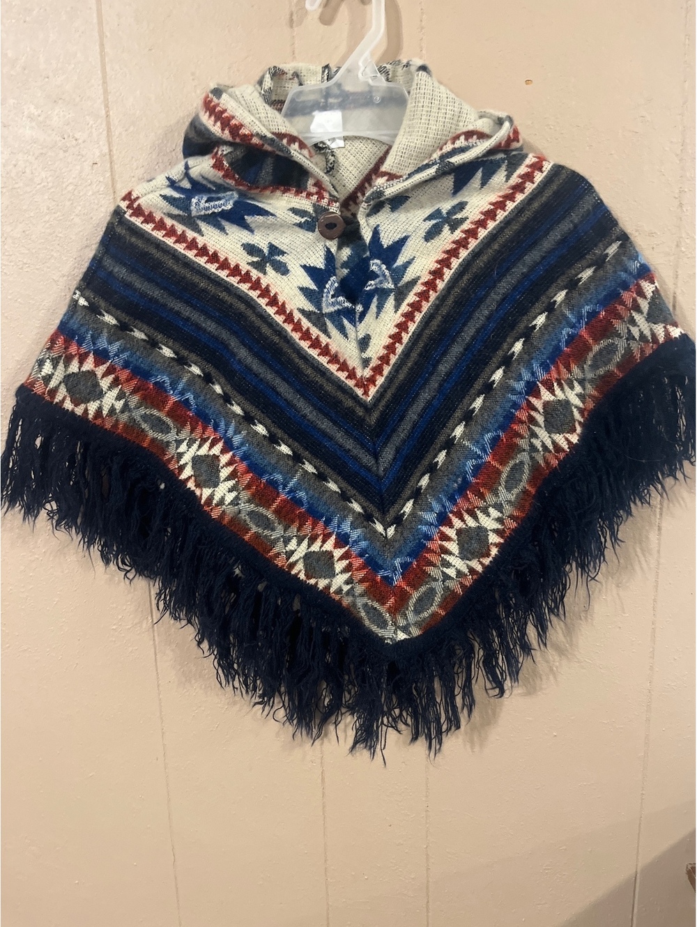 Bohemian Style Hooded Poncho with Fringe and Geometric Pattern